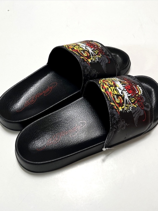 Ed Hardy Tiger Head Slide Sandals Black Red Graphic Logo Y2K NWOB